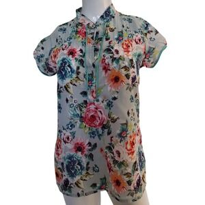 Unbranded Blouse Woman S Blue Floral Asian Style Short Sleeves Sheer‎ Side Slits